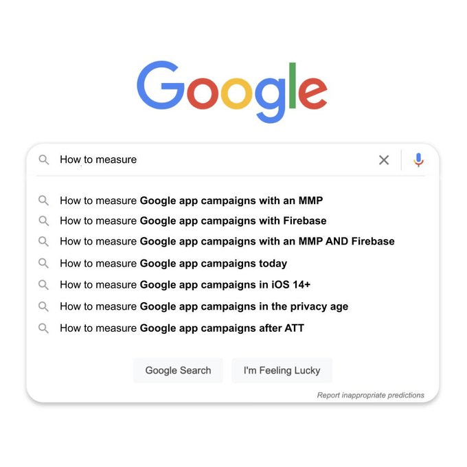 Google searches revealing the difficulties of measuring Google app campaigns. 